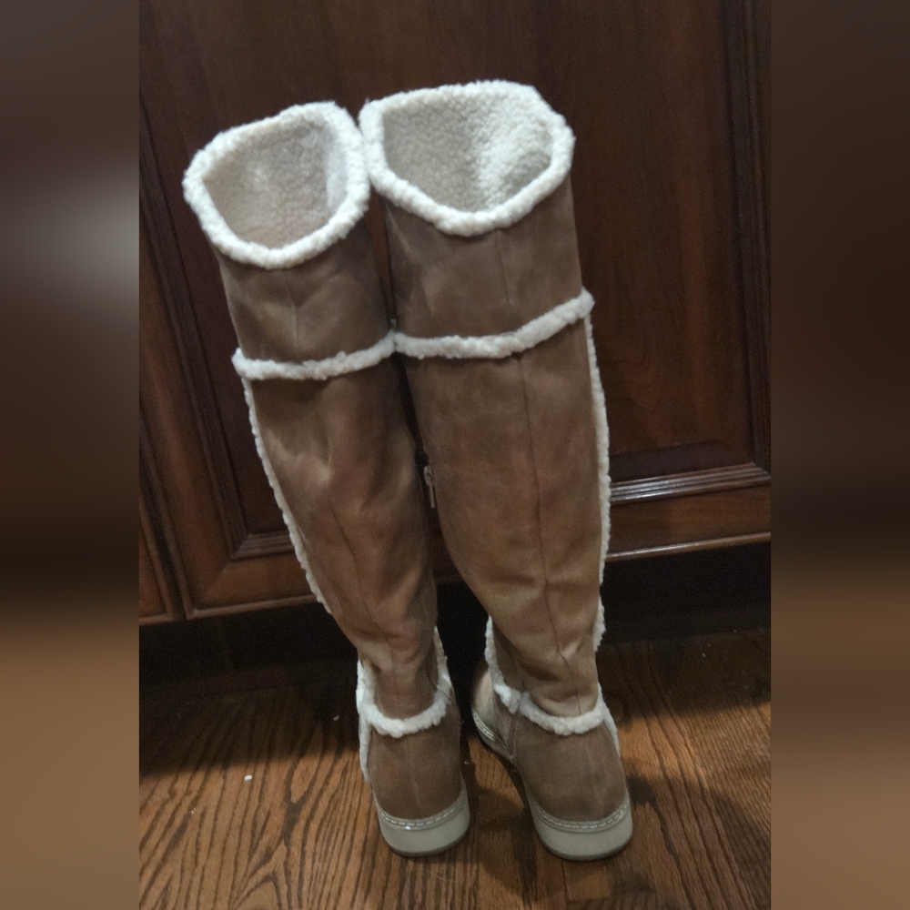 White Mountain Brown Knee-High Boots with Cream Trim - Picture 11 of 14